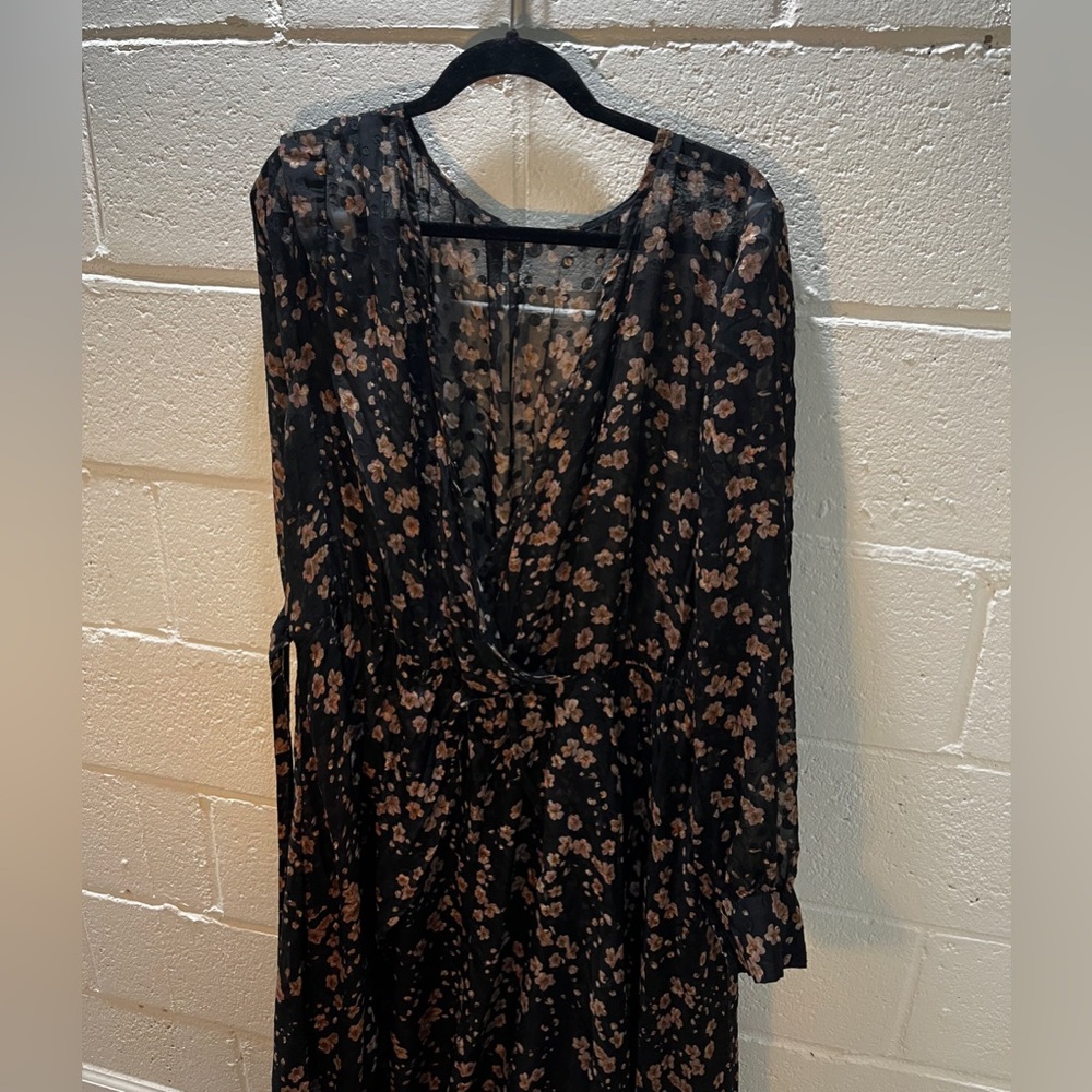 Black floor-length faux-wrap dress with brown flowers